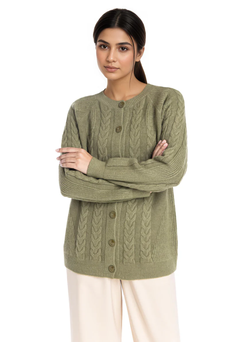 Olive-Round Neck Reglan Sleeves Cardigan Sweater (25Y-011-67)