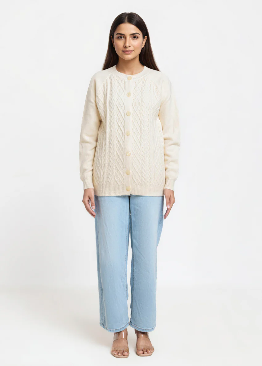 O-White-Round Neck Full Sleeves Cardigan Sweater (25Y-014-67)