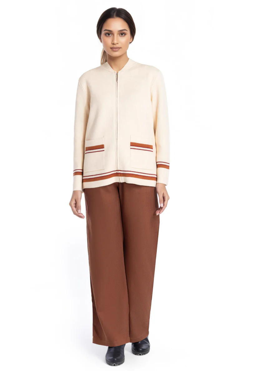 Beige-Baseball Collar Zipper Full Sleeves Sweater (25Y-027-67)