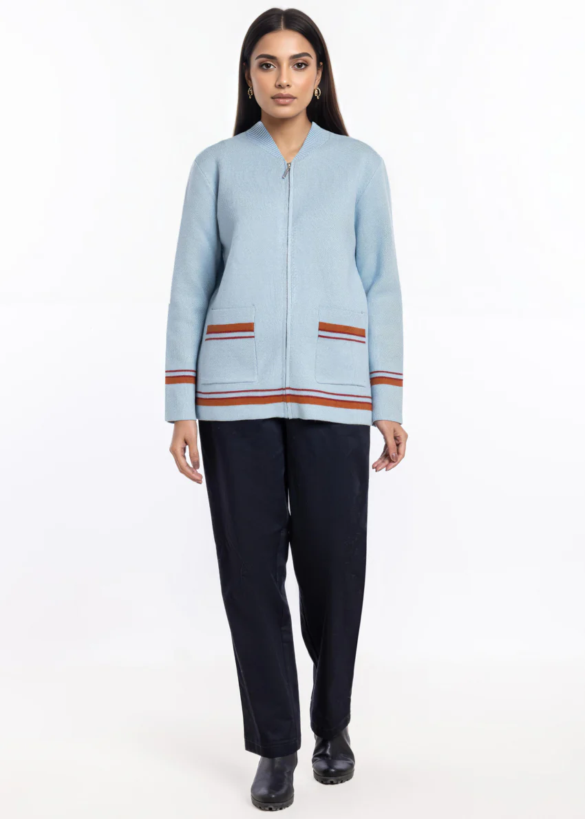 Ice-Blue-Baseball Collar Zipper Full Sleeves Sweater (25Y-027-67)