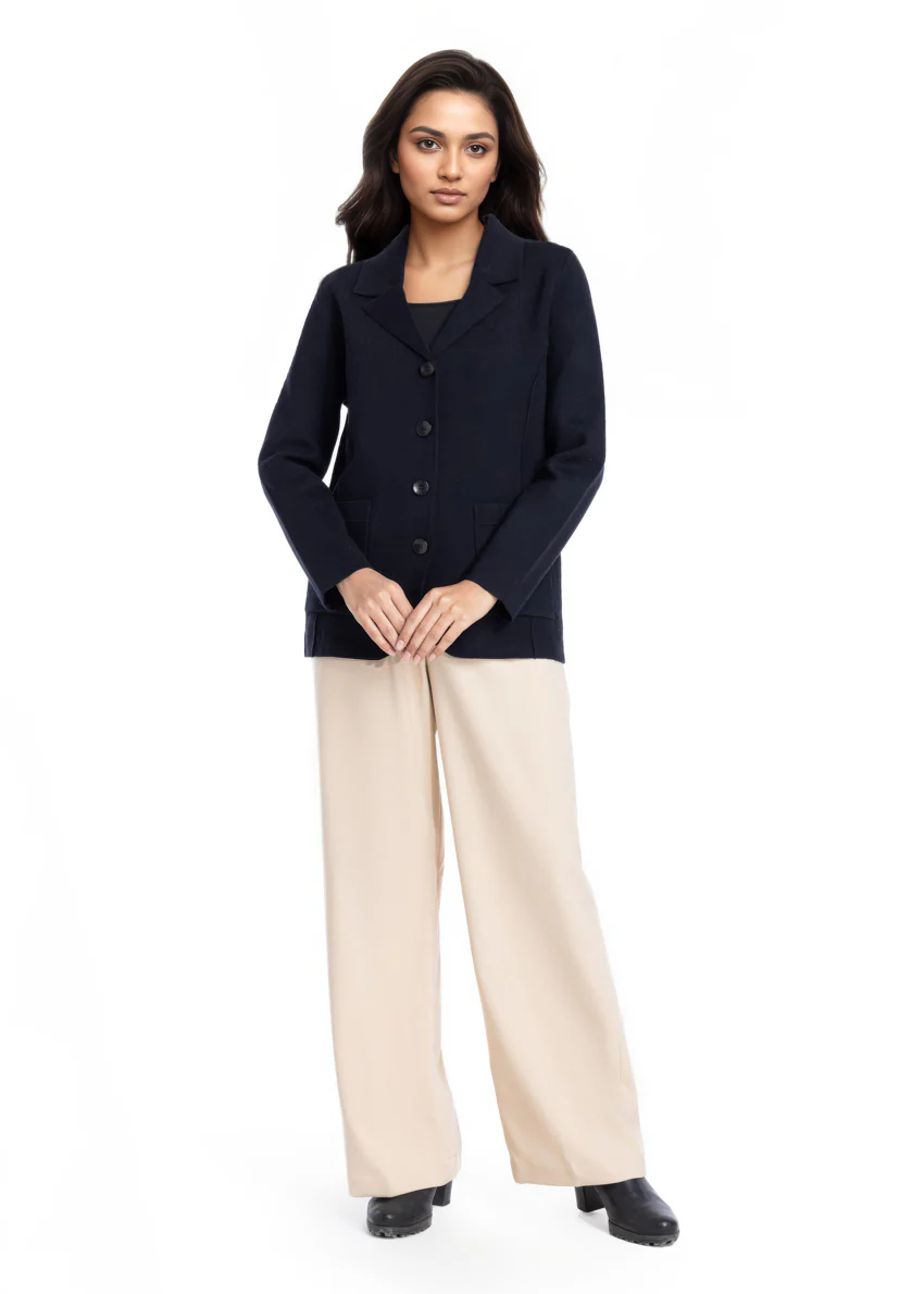 Black-Notched Collar Full Sleeves Cardigan Sweater (25Y-030-67)