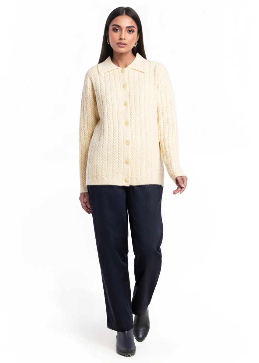 Cream-Wing Collar Full Sleeves Cardigan Sweater (25Y-033-67)