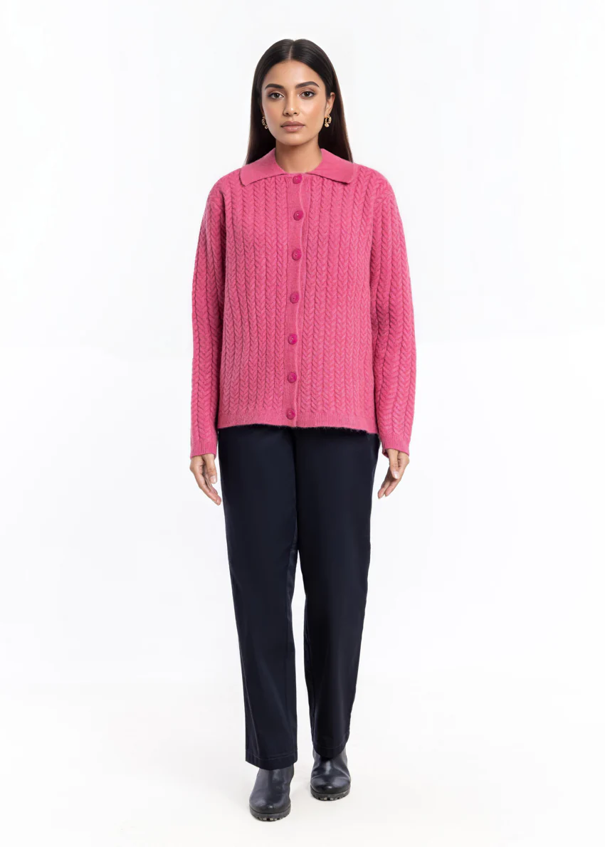 Pink-Wing Collar Full Sleeves Cardigan Sweater (25Y-033-67)