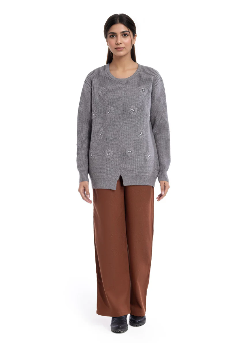 Grey-Round Neck Full Sleeves Cardigan Sweater (25Y-035-67)