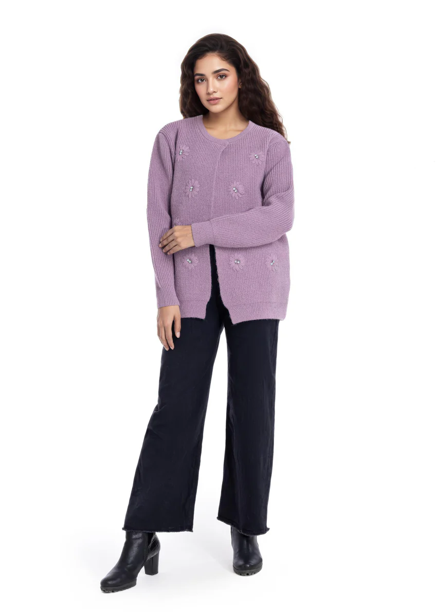 L-Plum-Round Neck Full Sleeves Cardigan Sweater (25Y-035-67)