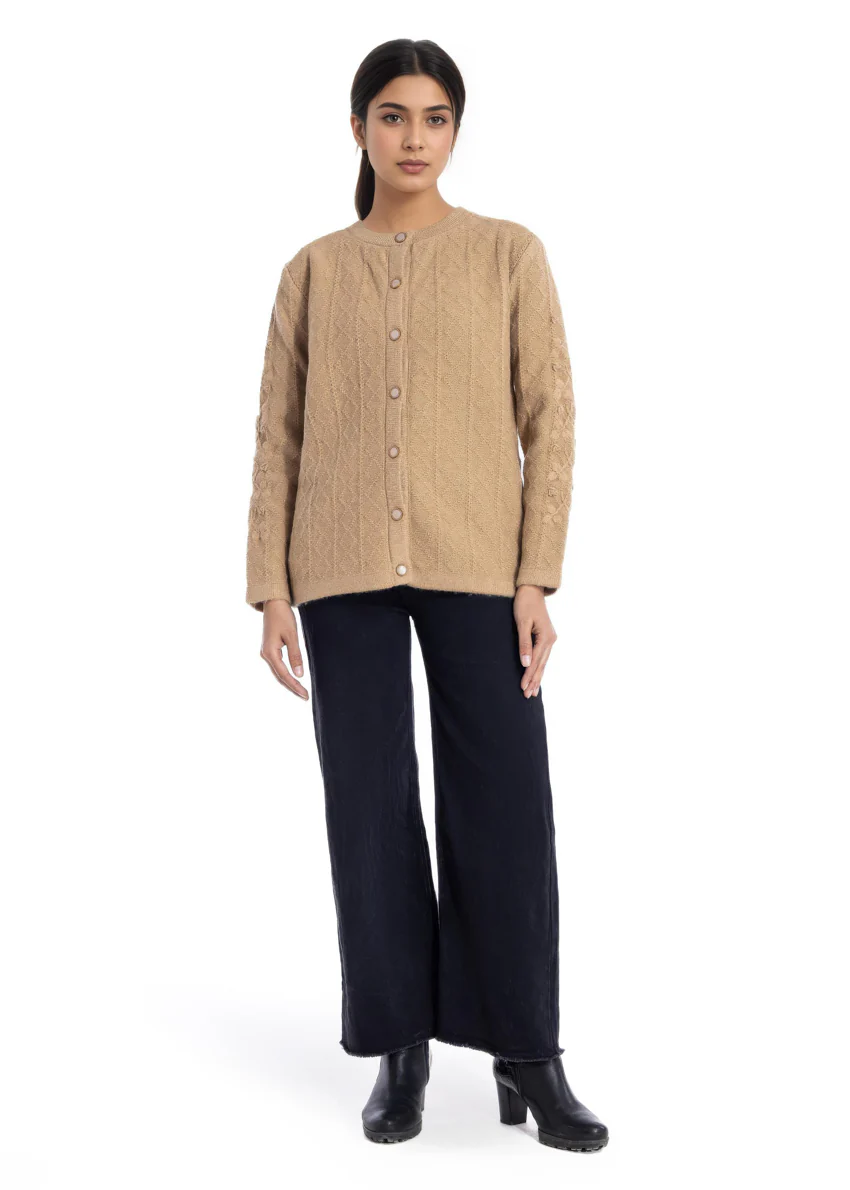 Beige-Round Neck Full Sleeves Cardigan Sweater (25Y-036-67)