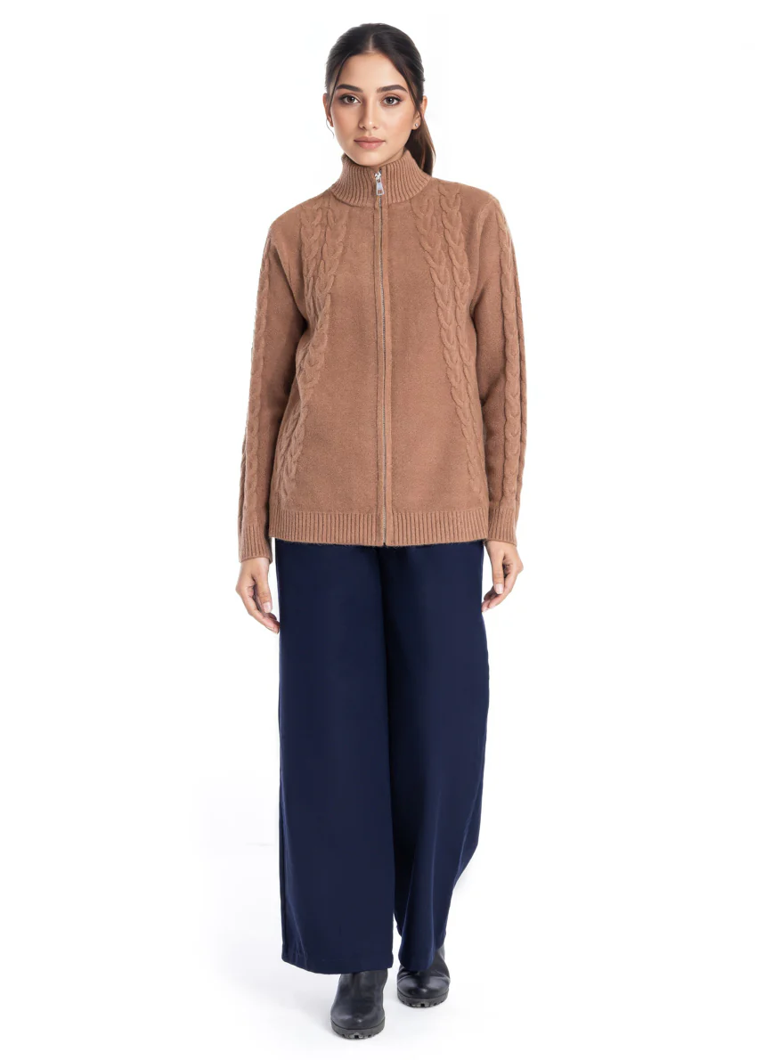 Coffee-Turtle Neck Collar Zipper Full Sleeves Sweater (25Y-046-67)