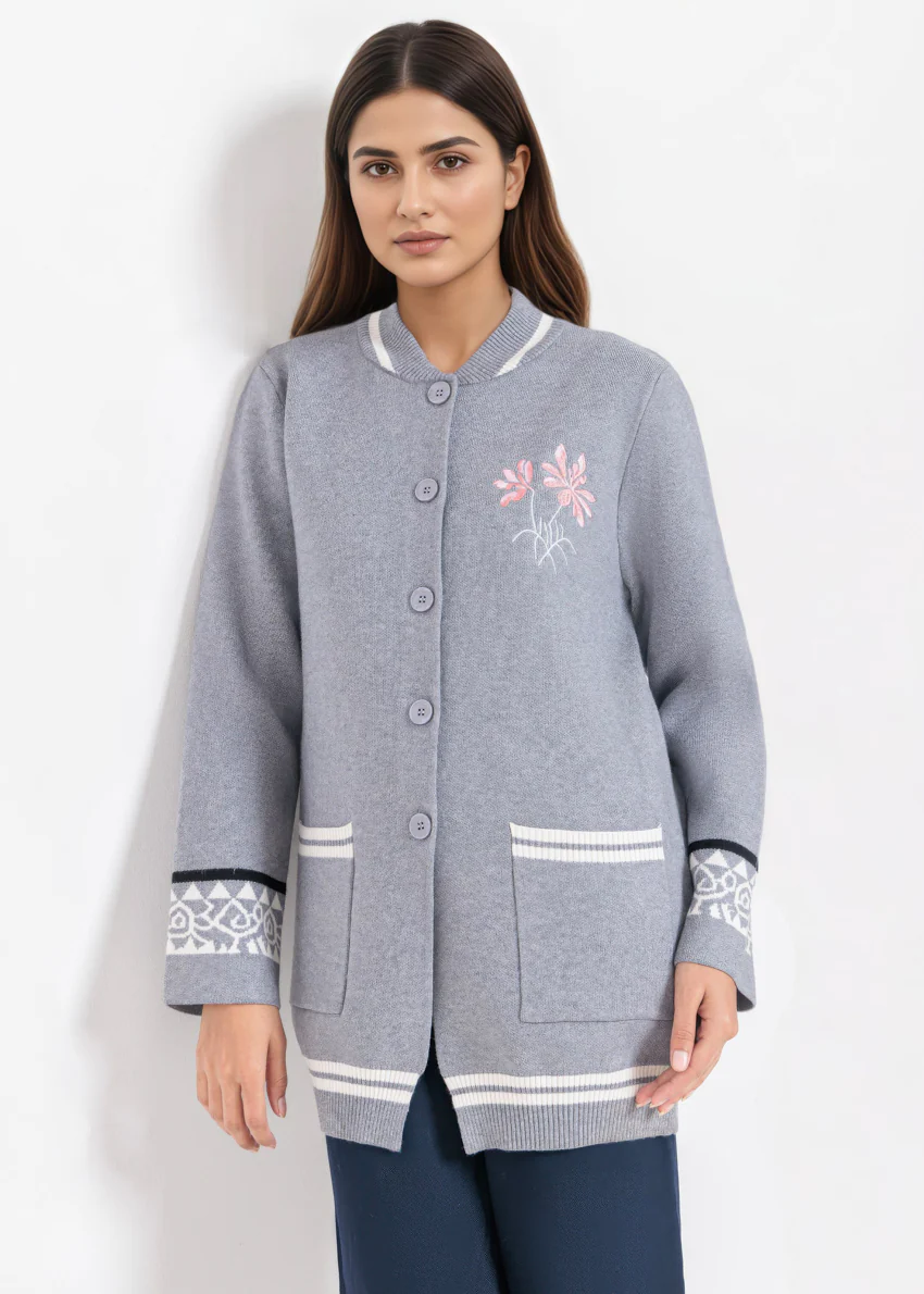 Grey-Baseball Collar Full Sleeves Cardigan Sweater (25Y-072-67)