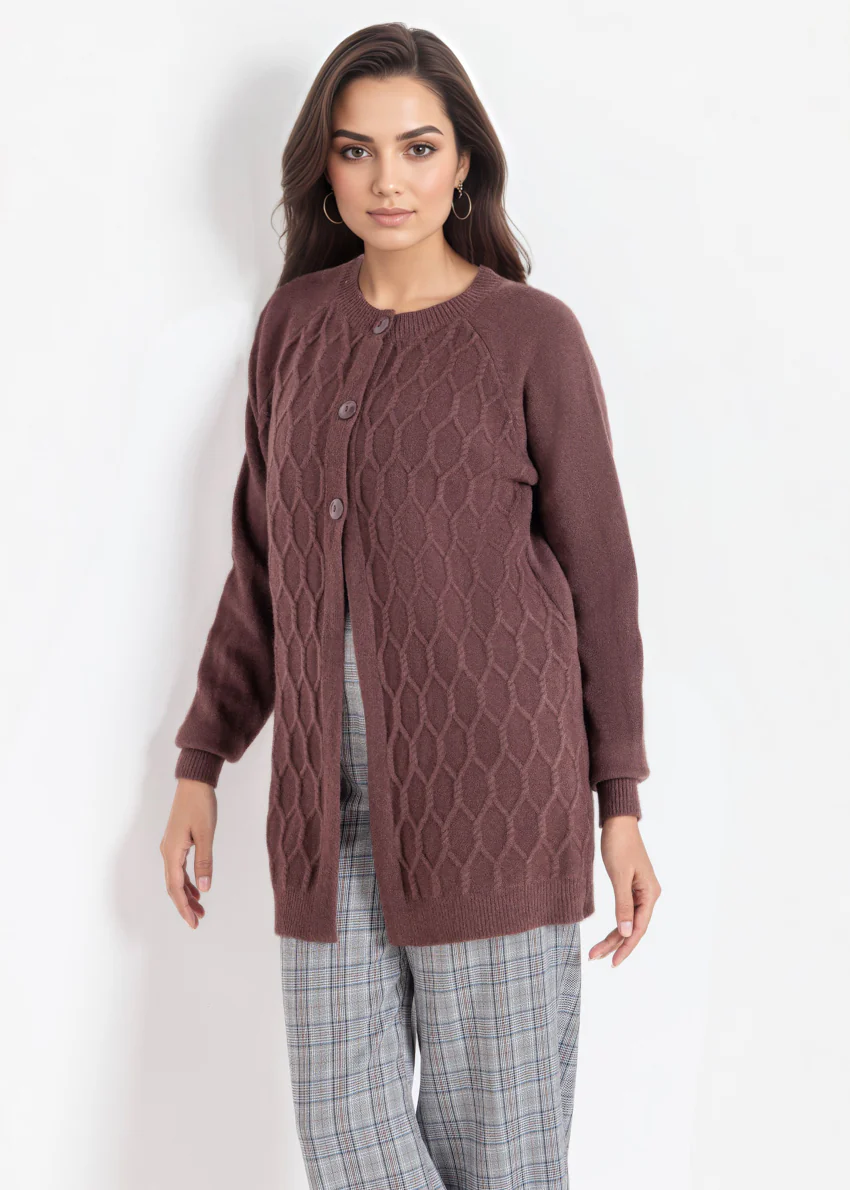 D-Brown-Round Neck Full Sleeves Cardigan Sweater (25Y-076-67)