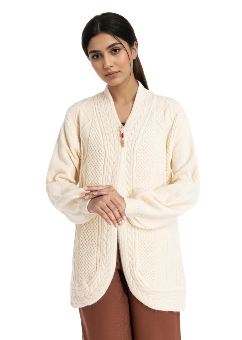 L-Beige-V Neck Cardigan Full Sleeves Sweater (25Y-088-67)