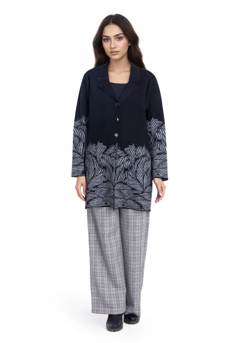 Black-Notched Collar Full Sleeves Cardigan Sweater (25Y-090-67)