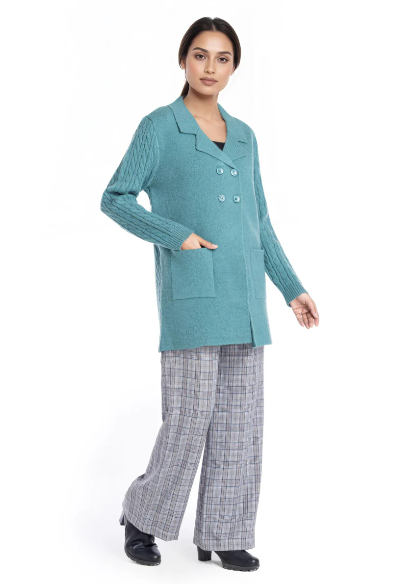 D-Green-Notched Collar Full Sleeves Cardigan Sweater (25Y-095-67)