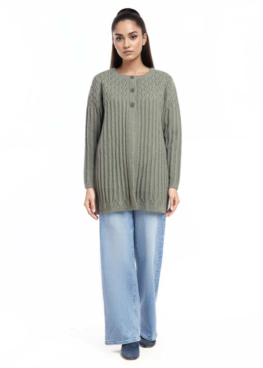 Olive-Round Neck Cardigan Full Sleeves Sweater (25Y-103-67)