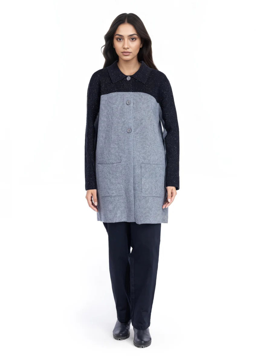 Grey-Wing Collar Full Sleeves Cardigan Sweater (25Y-116-67)