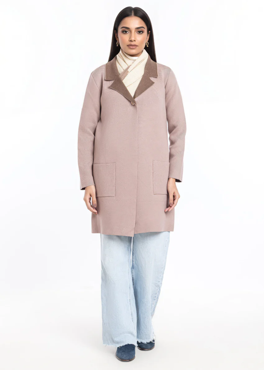 Beige-Wing Collar Full Sleeves Cardigan Sweater (25Y-124-67)