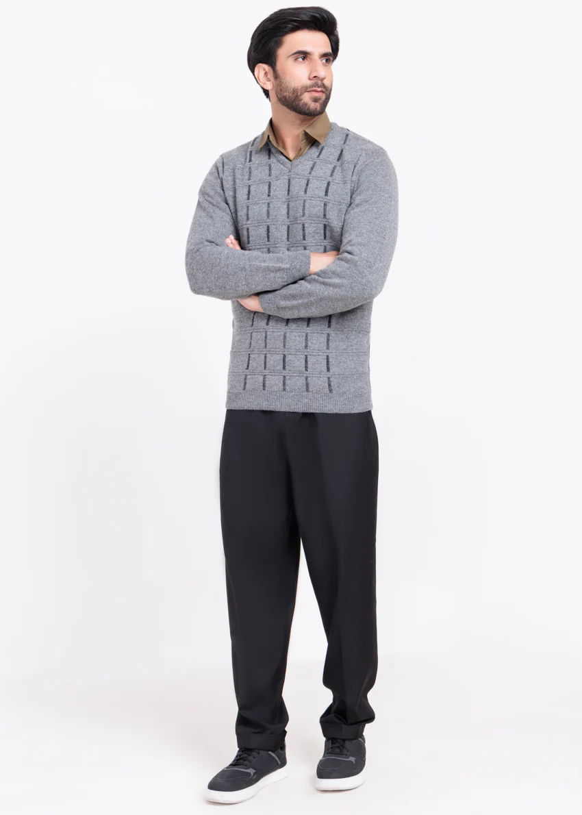 St-Grey-V-Neck Full Sleeves Sweater (517-14)