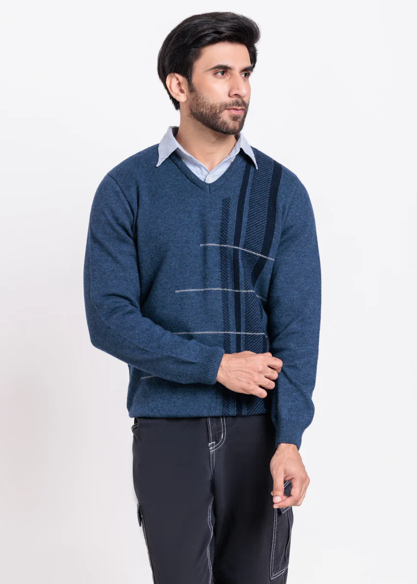 N-D-Blue-V-Neck Full Sleeves Sweater (518-14)
