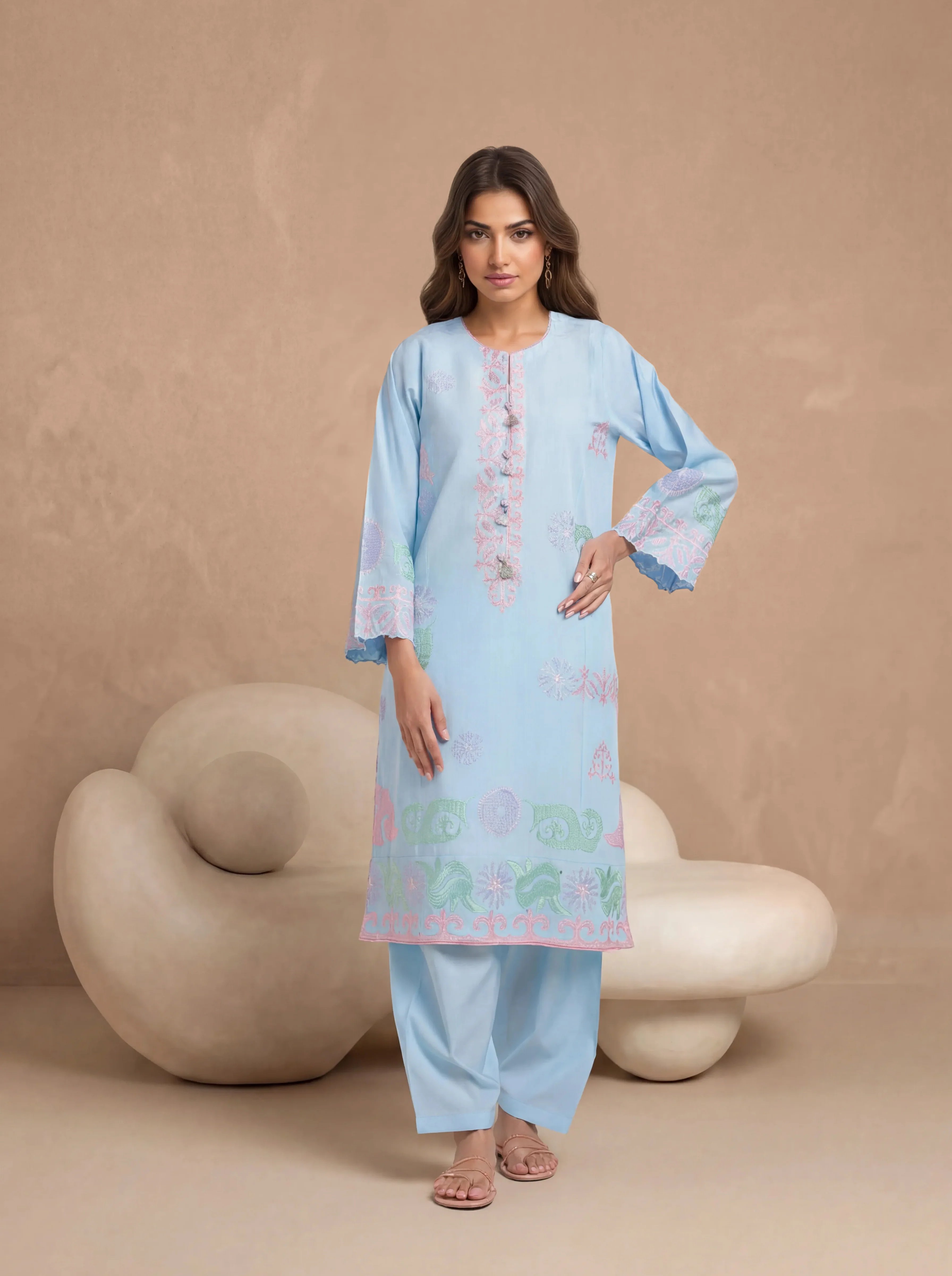 L-Blue-Cotton Silk-2 Piece (WPS252SE3064)